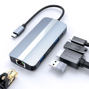 5 in1 USB C Концентратор HDMI С Док-станцией Ethernet Type-C Разветвитель Для Интернета RJ45 USB 3,0 SD / TF PD 87 Вт Адаптер Для Macbook Pro