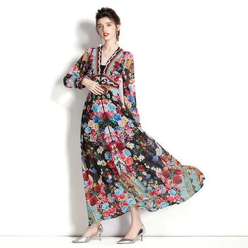 Модные Французские Элегантные Тонкие Макси-Платья Трапециевидной Формы Для Женщин С Цветочным Принтом Eid Abaya Muslim Dubai Abaya, Повседневное Вечернее Длинное Платье