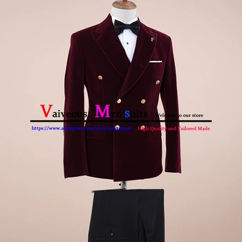 Модные мужские костюмы, Бордовые бархатные комплекты блейзеров, Двубортный мужской деловой костюм, куртка из 2 частей, брюки, Приталенный свадебный костюм жениха